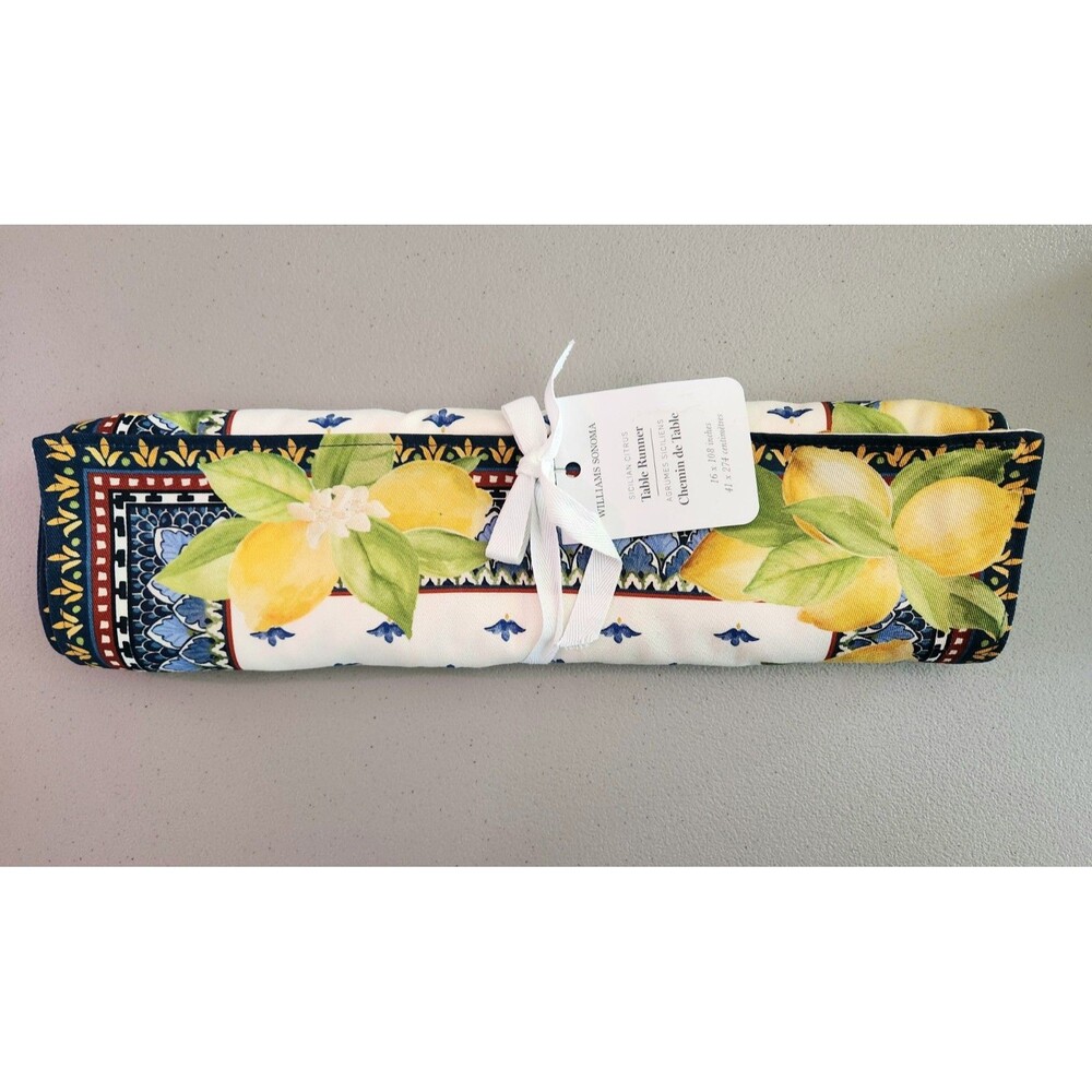 Williams Sonoma Sicilian Citrus Table Runner 16" x 108" Yellow Lemon Print Italy